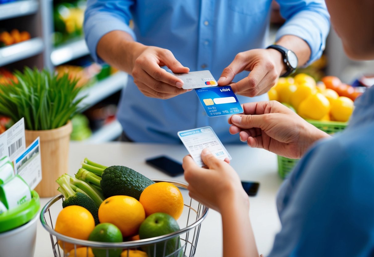 A person using a credit card for various purchases, including groceries, clothing, and electronics. They are seen comparing prices and using coupons to save money