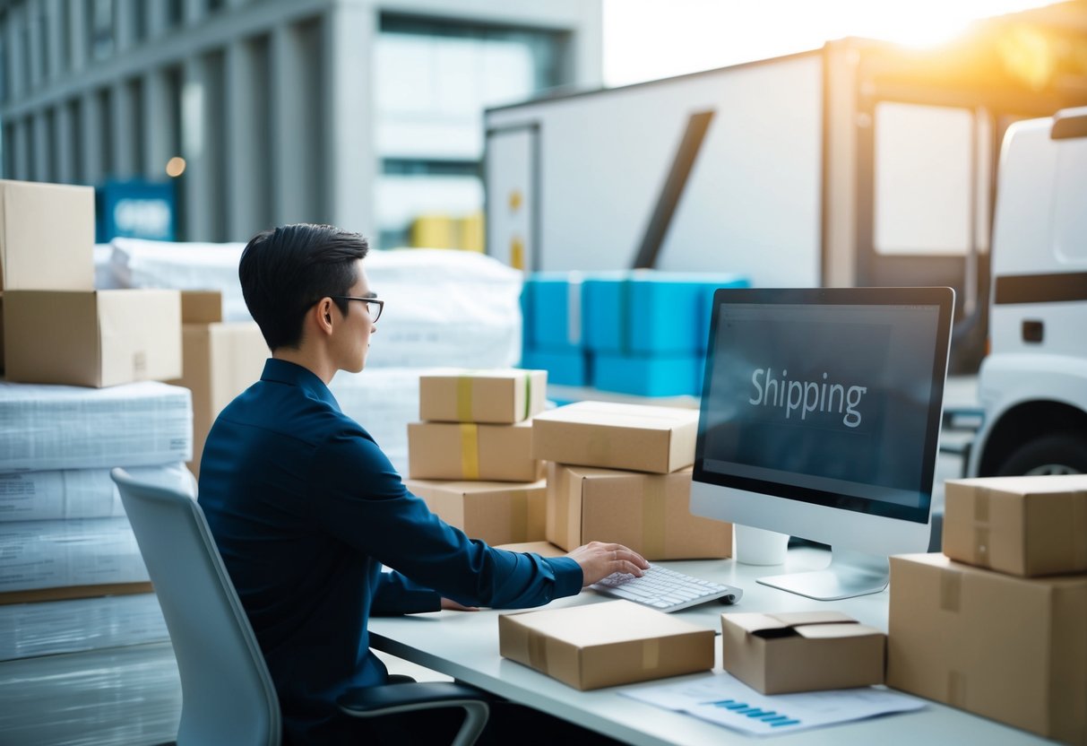 A person at a computer comparing shipping options and costs, surrounded by packages, boxes, and delivery trucks