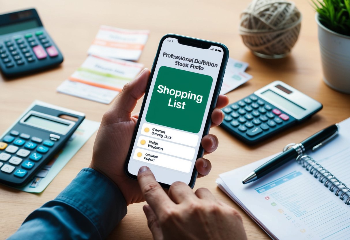 A hand holding a smartphone with a shopping list app open, surrounded by various items such as coupons, a calculator, and a pen and paper for jotting down notes