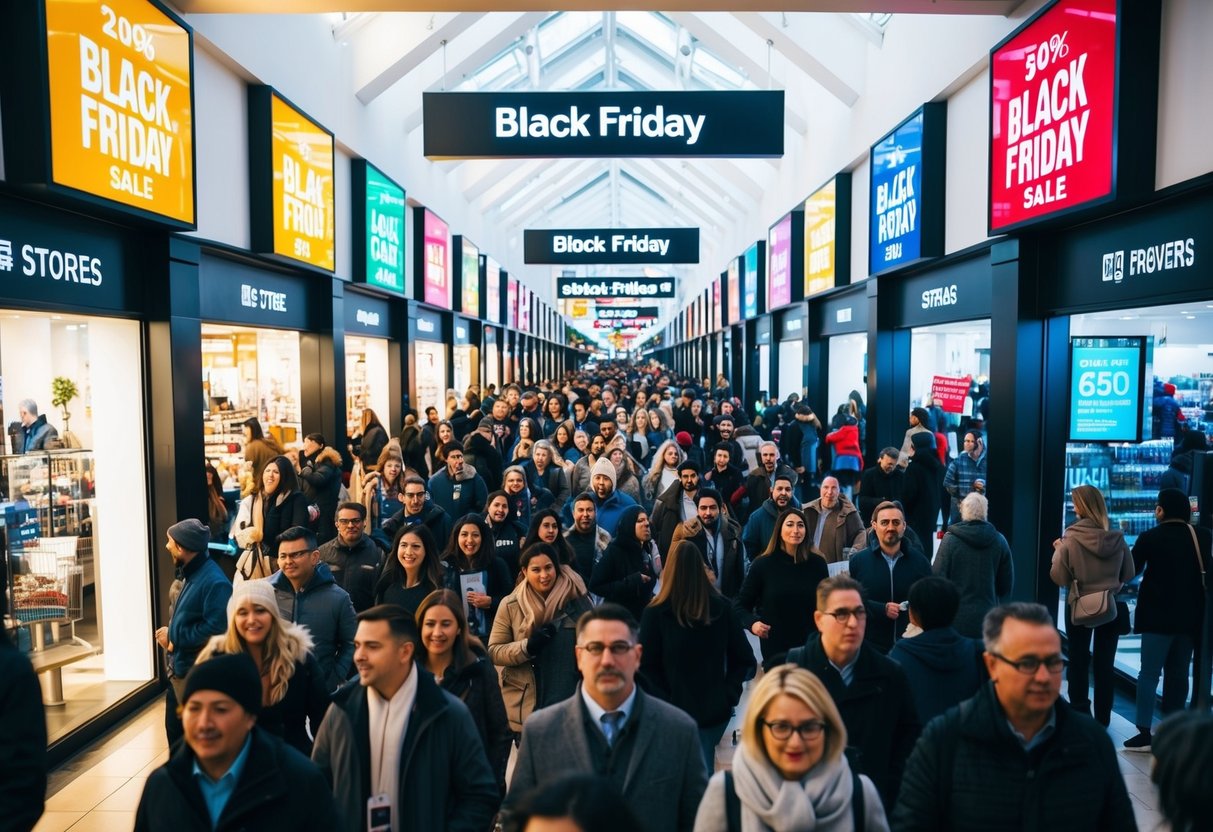 A crowded shopping mall with excited shoppers, long lines at stores, and colorful Black Friday sale signs displayed in windows