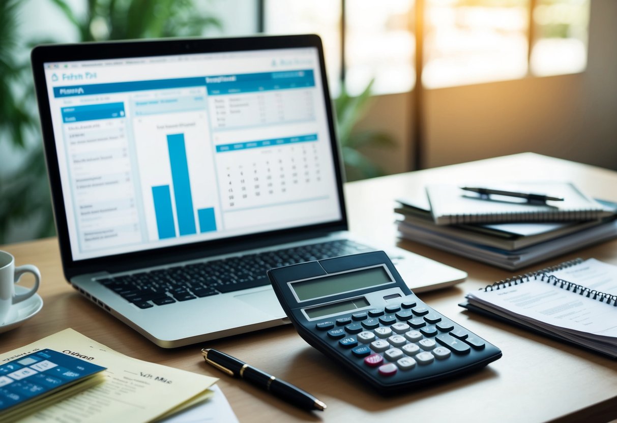 A desk with a calculator, notebook, and pen. A laptop displaying budgeting software. A stack of bills and receipts. A calendar with highlighted paydays