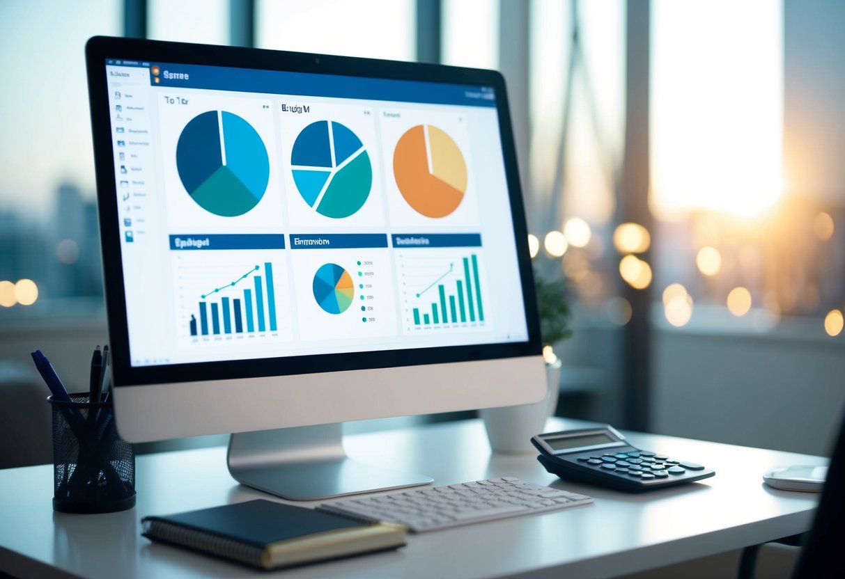 A sleek, modern computer screen displaying various budgeting tools and charts, surrounded by a clutter-free desk with a calculator and notepad