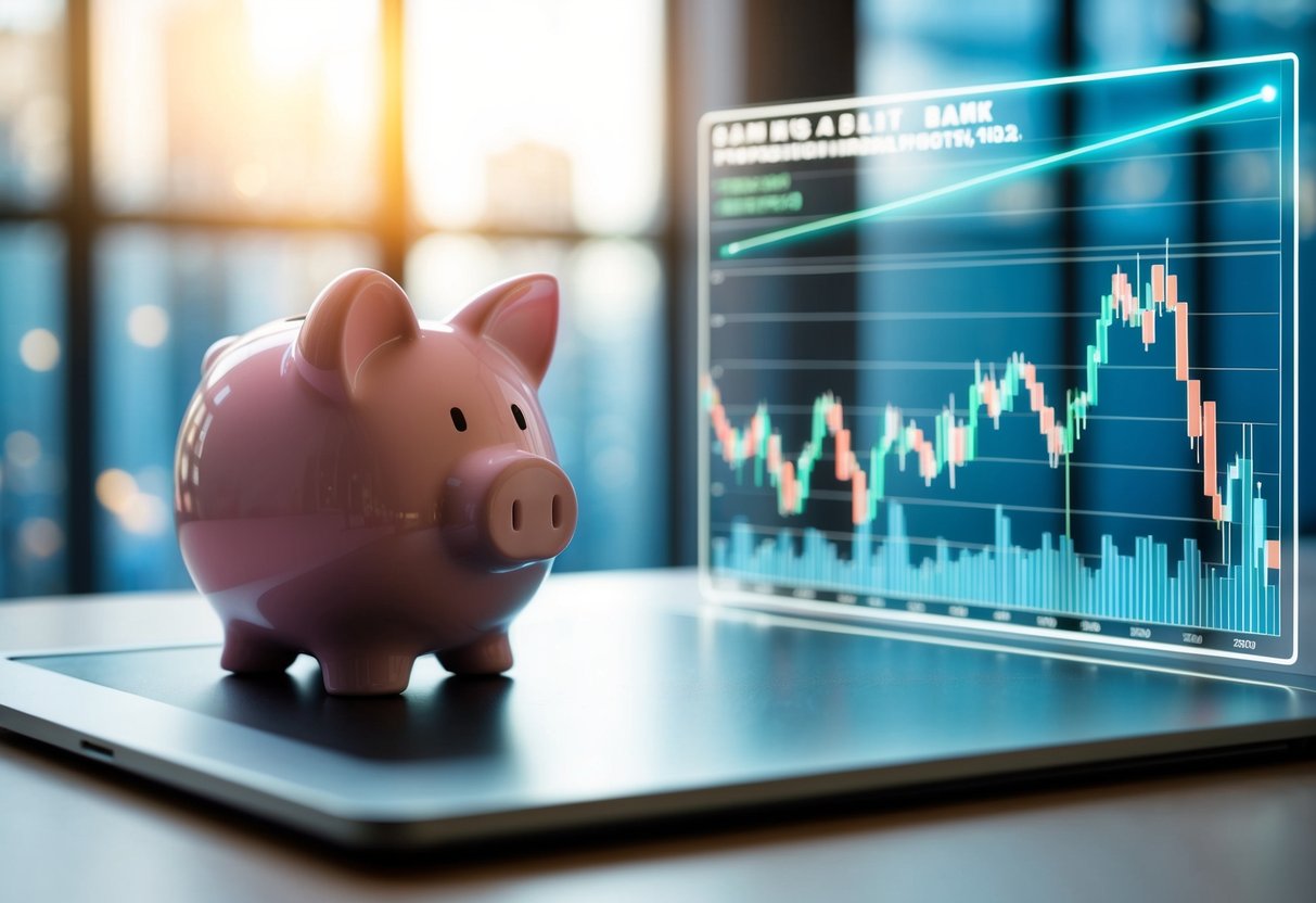 A piggy bank and a stock market graph sit side by side on a desk, symbolizing the integration of savings and investment accounts as top budgeting tools for saving money in 2024