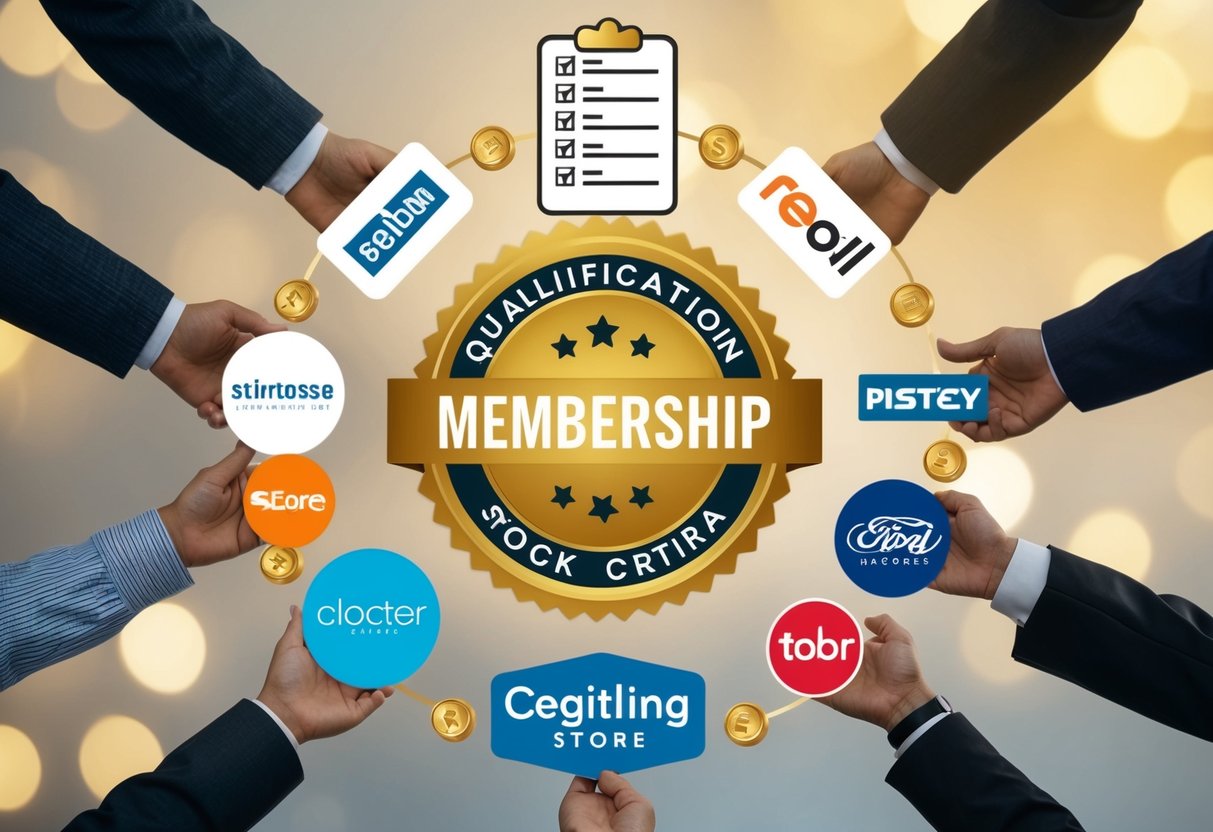 A group of diverse store logos surrounded by a golden membership badge, with a checklist of qualification criteria floating above