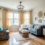 A cozy living room with handmade curtains, refurbished furniture, and DIY wall art. Bright, natural light streams in through the window, illuminating the budget-friendly decor