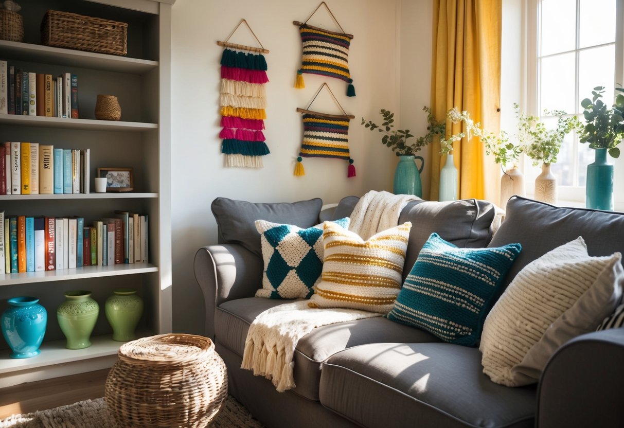 A cozy living room with handmade pillows, wall hangings, and painted vases. A bookshelf displays DIY decor books. Sunlight streams through the window