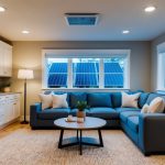 A cozy, well-lit living room with LED bulbs, smart thermostat, and insulated windows. Appliances are energy-efficient, and solar panels are visible on the roof