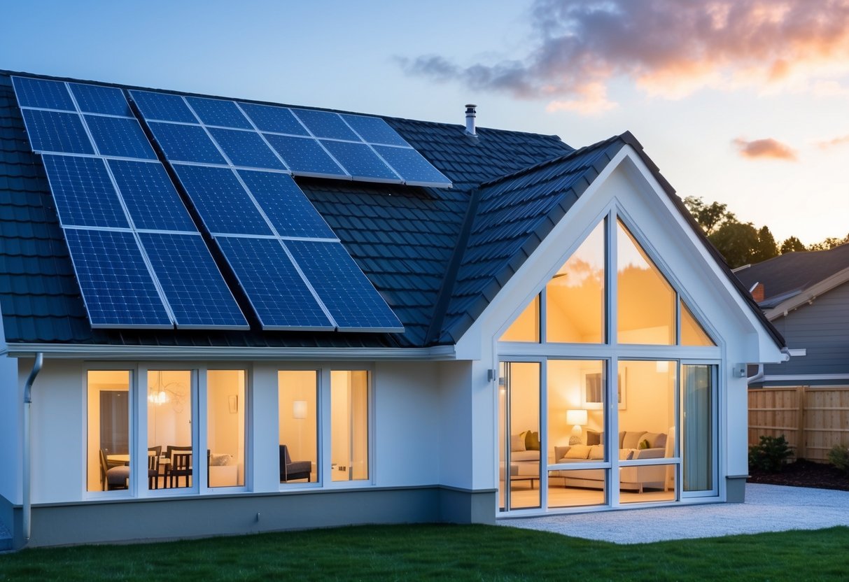 A house with solar panels on the roof, energy-efficient windows, and smart thermostat. LED light bulbs illuminate the interior, while weather-stripping and insulation keep the home cozy