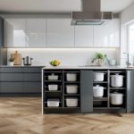 A modern kitchen with smart appliances and organized storage solutions