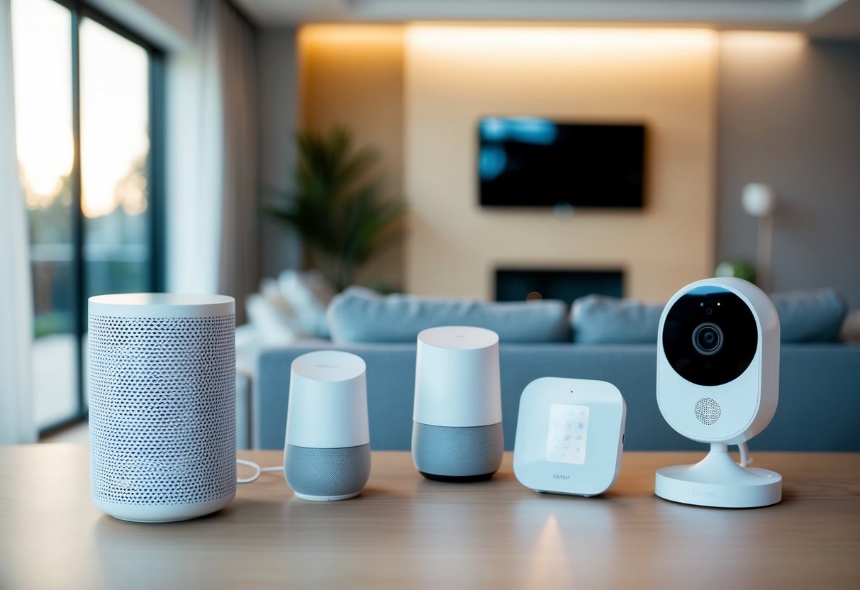 A modern living room with smart home devices: voice-activated speaker, automated thermostat, smart lighting, and security camera