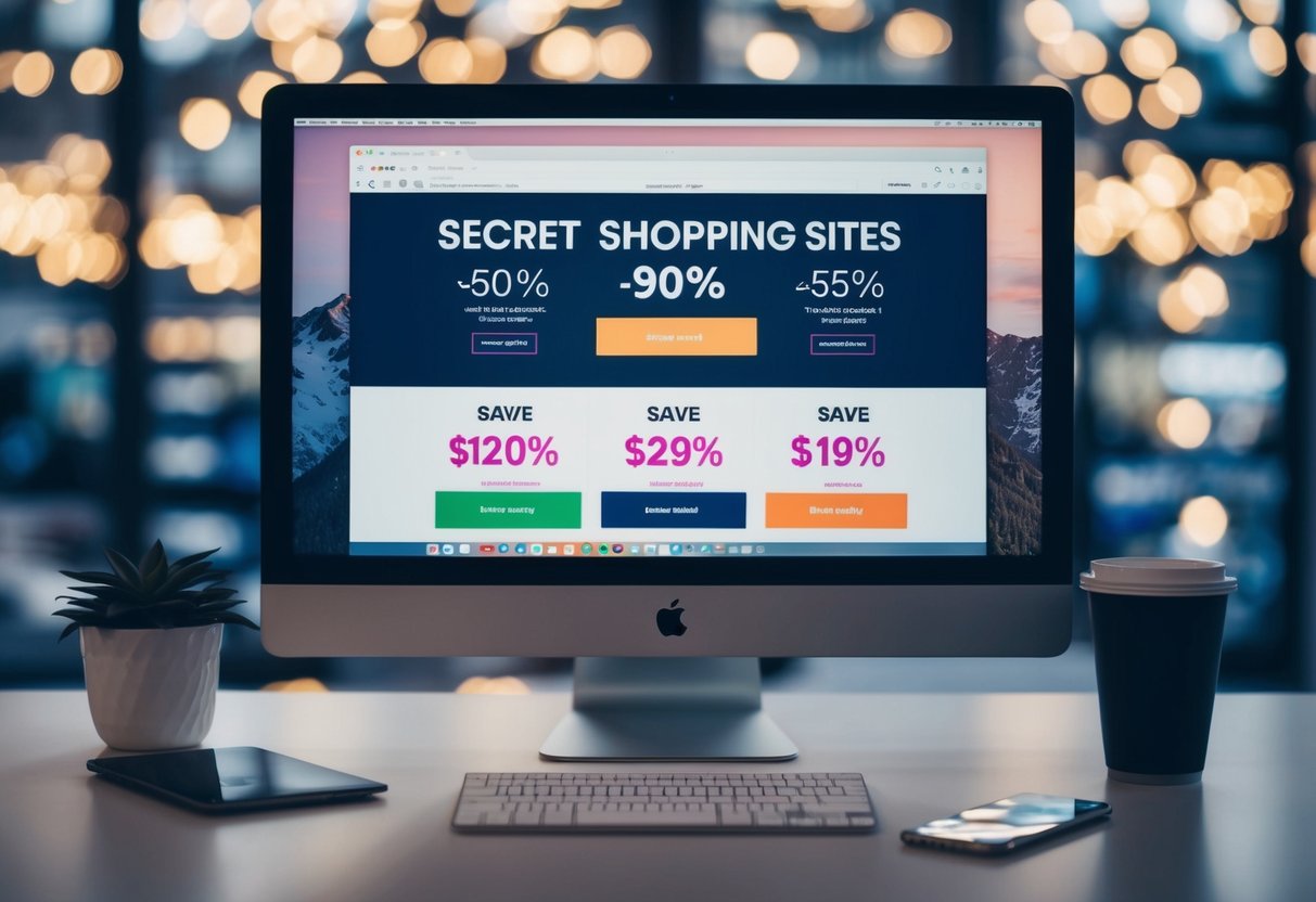 A computer screen displaying various secret shopping sites with discount offers, surrounded by browser tabs and search bar