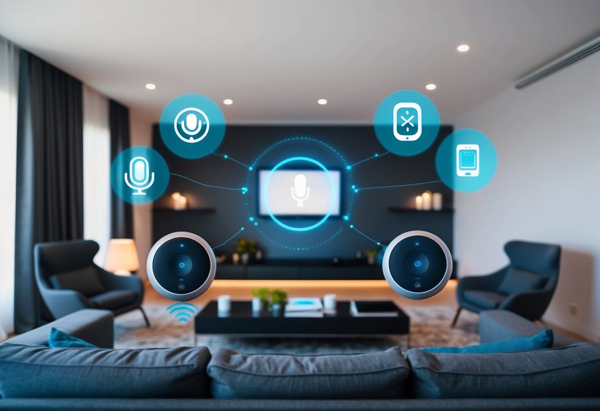 A modern living room with smart home devices seamlessly integrated, including voice-controlled speakers, automated lighting, and a central control panel