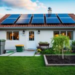 A cozy home with solar panels on the roof, a compost bin in the garden, and a rainwater collection system