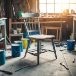 A cluttered workshop with tools, paint, and old furniture. A worn chair sits ready for a makeover, surrounded by paint cans and brushes