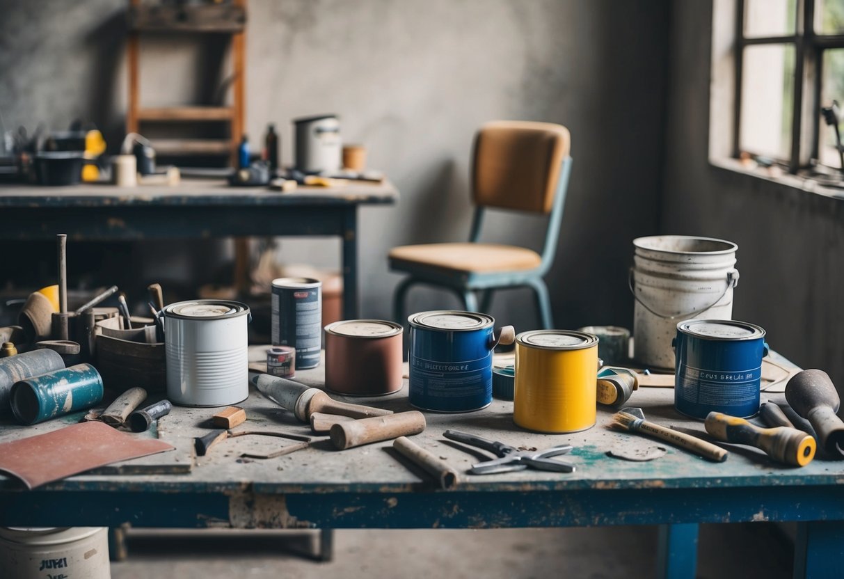 A cluttered workbench with various tools, paint cans, and sandpaper. A worn-out chair and table in the background