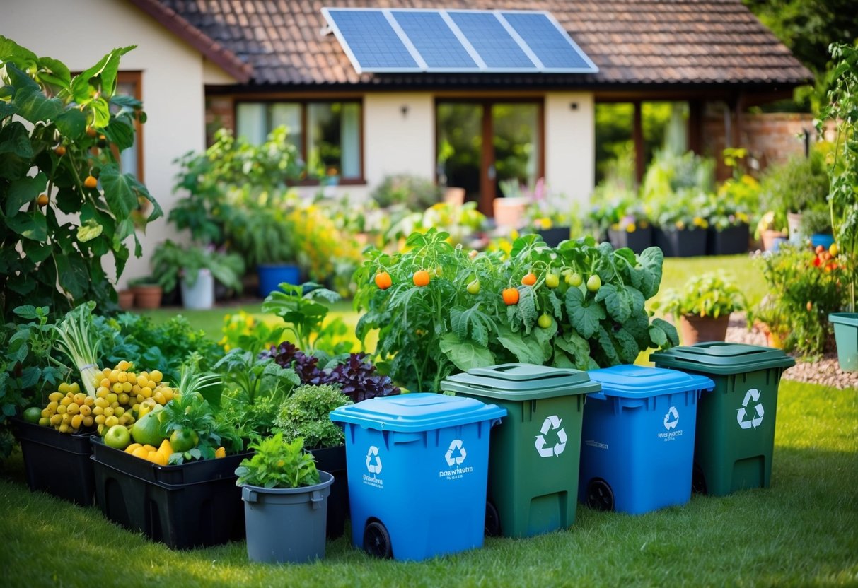 A lush garden with a variety of fruits and vegetables growing, surrounded by compost bins and recycling containers. A solar panel is visible on the roof of the house