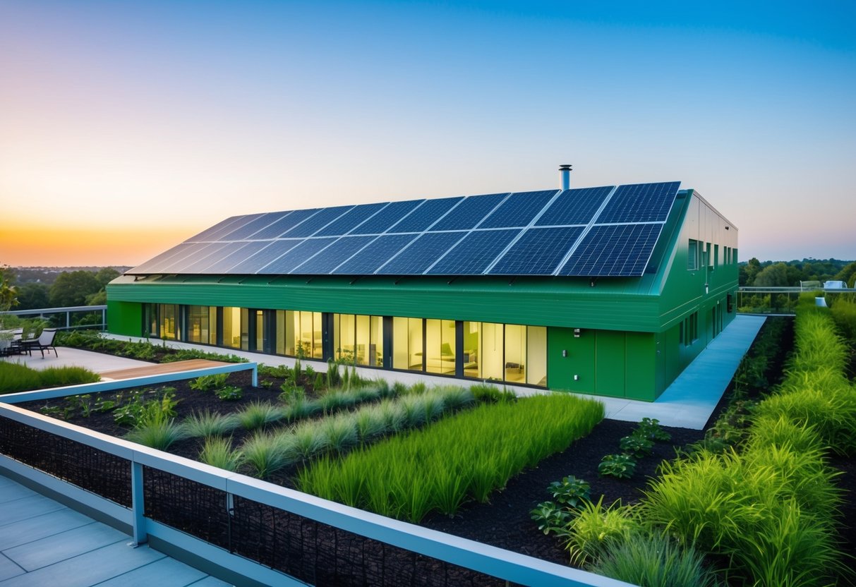 A modern green building with solar panels, a rainwater collection system, and a lush rooftop garden surrounded by sustainable landscaping