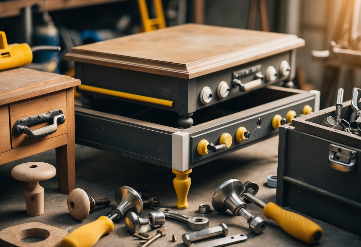 Old furniture surrounded by tools and hardware. Accessories like new knobs, handles, and legs are being added to transform the pieces