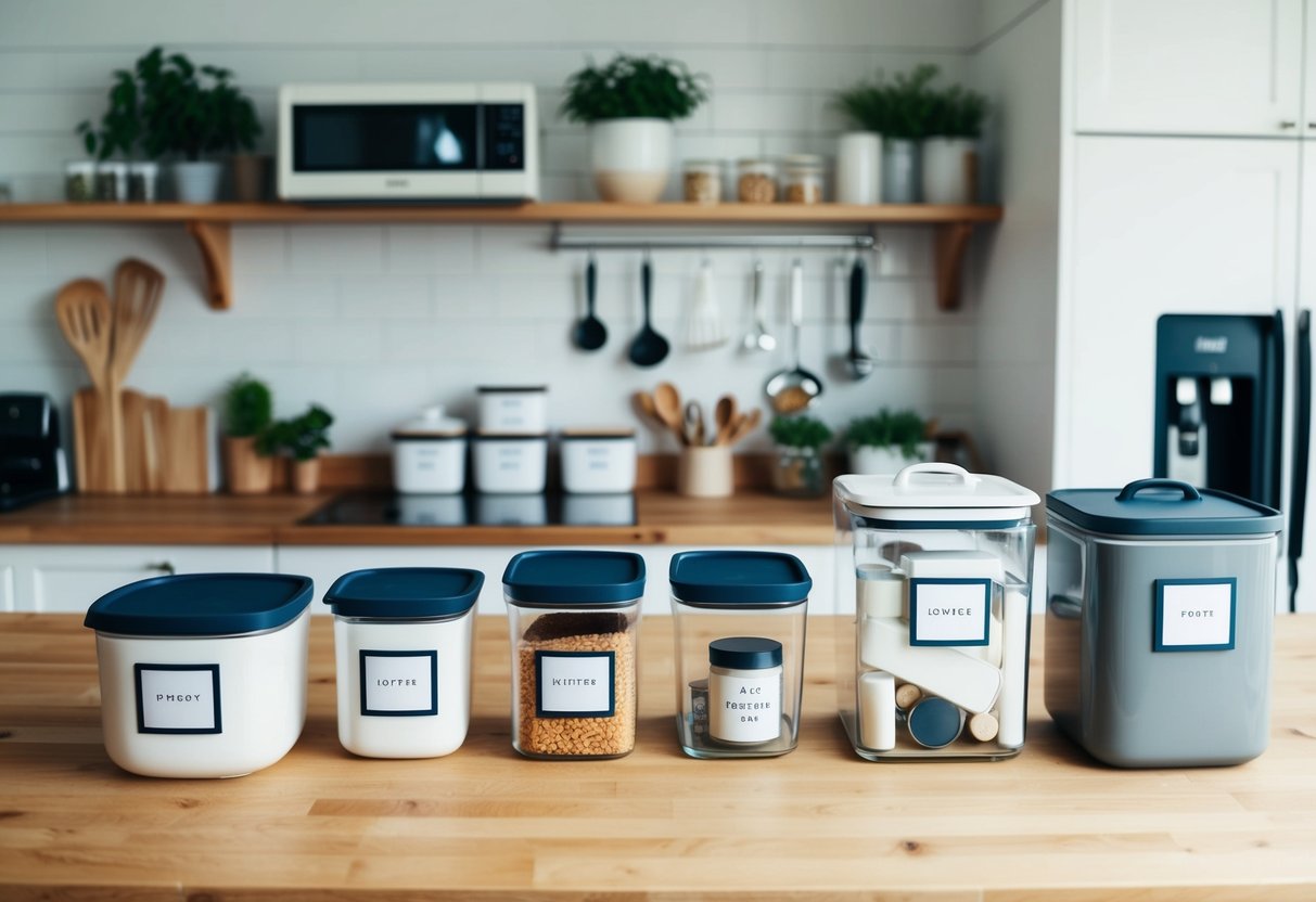 A cluttered kitchen counter transformed into an organized space with labeled containers for easy access to everyday items