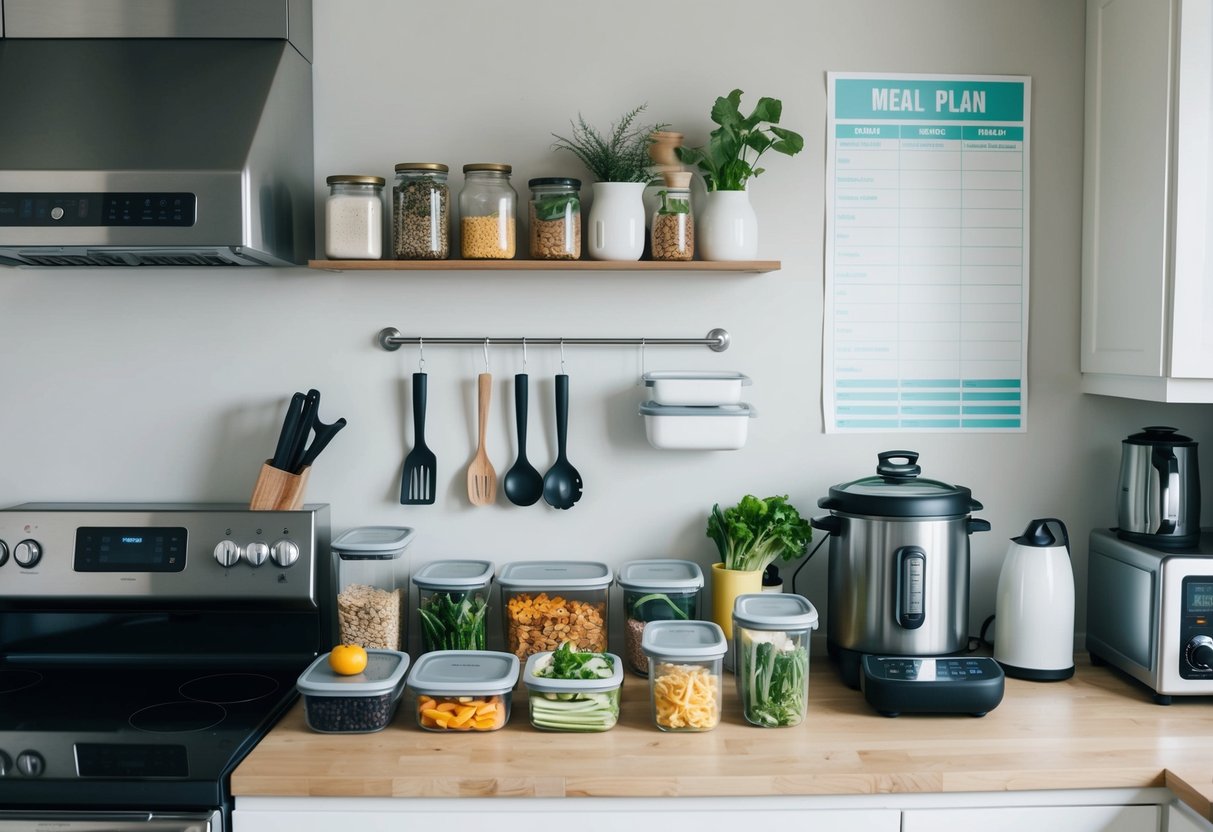 A clutter-free kitchen with organized ingredients, utensils, and appliances. A meal prep station with labeled containers and a weekly meal plan on the wall