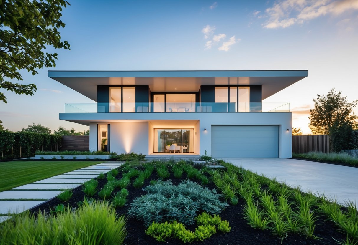 A modern, sleek smart home with integrated energy management systems and futuristic technology, surrounded by green, sustainable landscaping